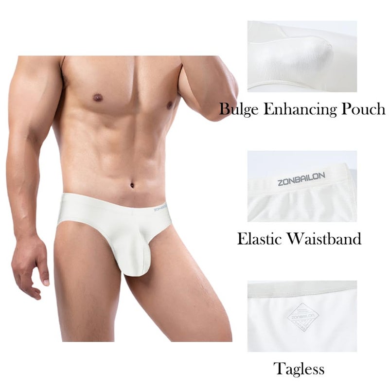 ZONBAILON Mens Sexy Bulge Enhancing Briefs Underwear Low Rise Ice Silk Big Ball Pouch Underpants White M - Image 4